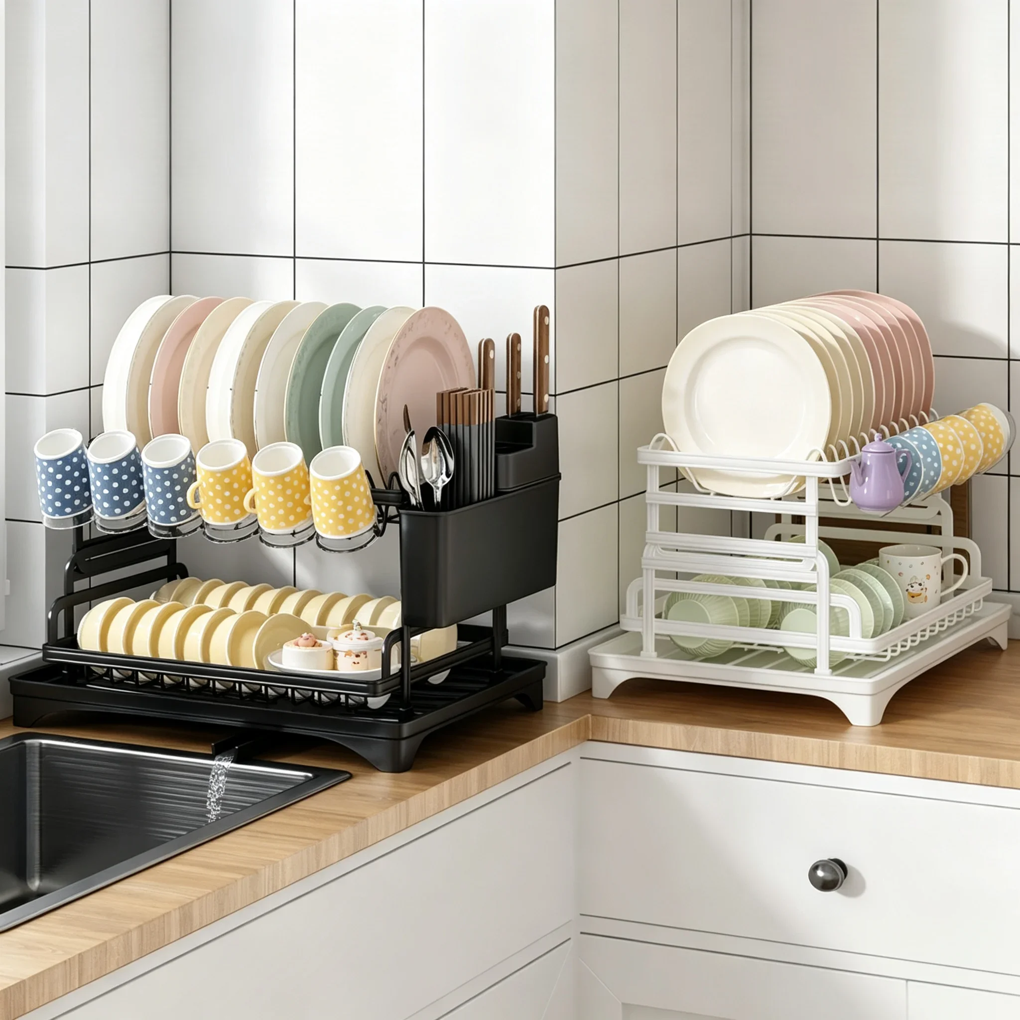 2Tier Metal Dish Drying Rack Kitchen cutlery storage rack with drained board Cutting board holder Knive Fork Holder