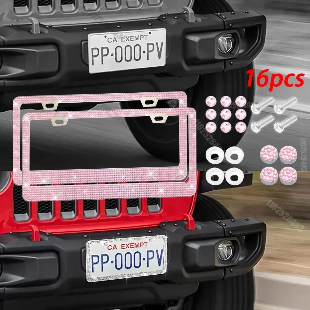 1/2pcs Bling Crystal License Plate Frame Luxury Car Frame Plate with Button Diamond Car License Plate Frame Cover for Women