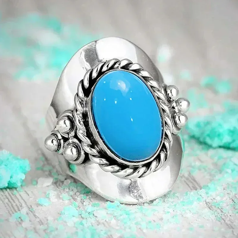 Bright Oval Sky Blue Acrylic Stone Rings for Women Vintage Female Finger Accessories Party Hip Hop Style  Jewelry