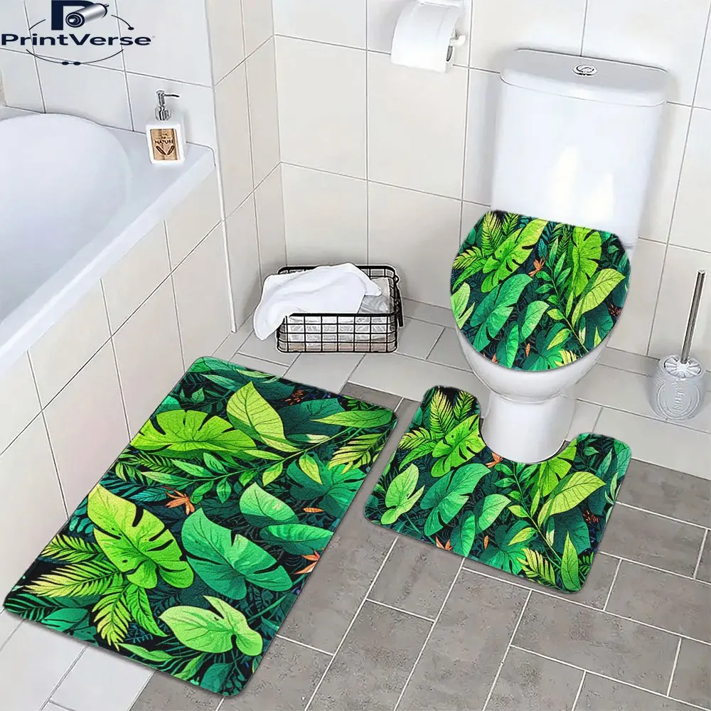 

3pcs Tropical Monstera Leaf Bathroom Set - Plush Non-Slip U-Shaped Toilet Mat, & Lid Cover, Green & Golden Jungle Decor, Soft fo