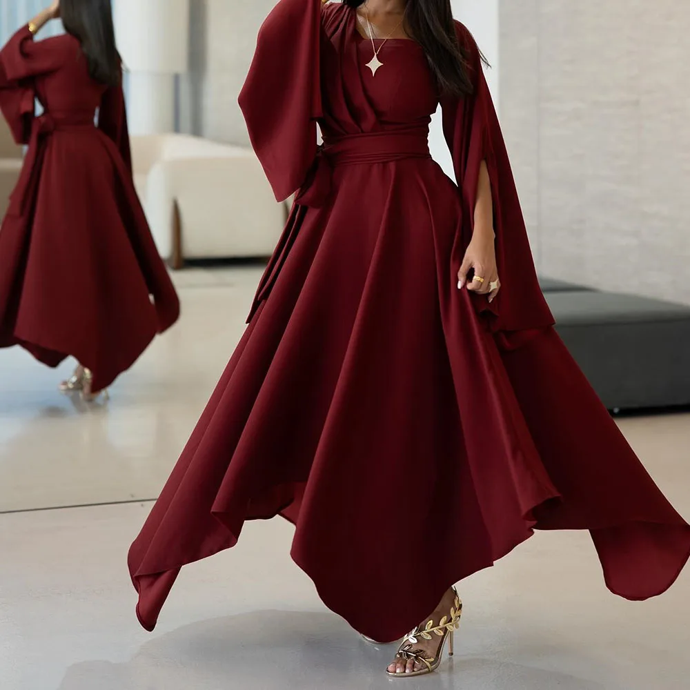 Customized A-line Evening Dresses Floor-length Square Collar Full Sleeve Prom Gown Fashion Sashes Draped Casual Party Gown
