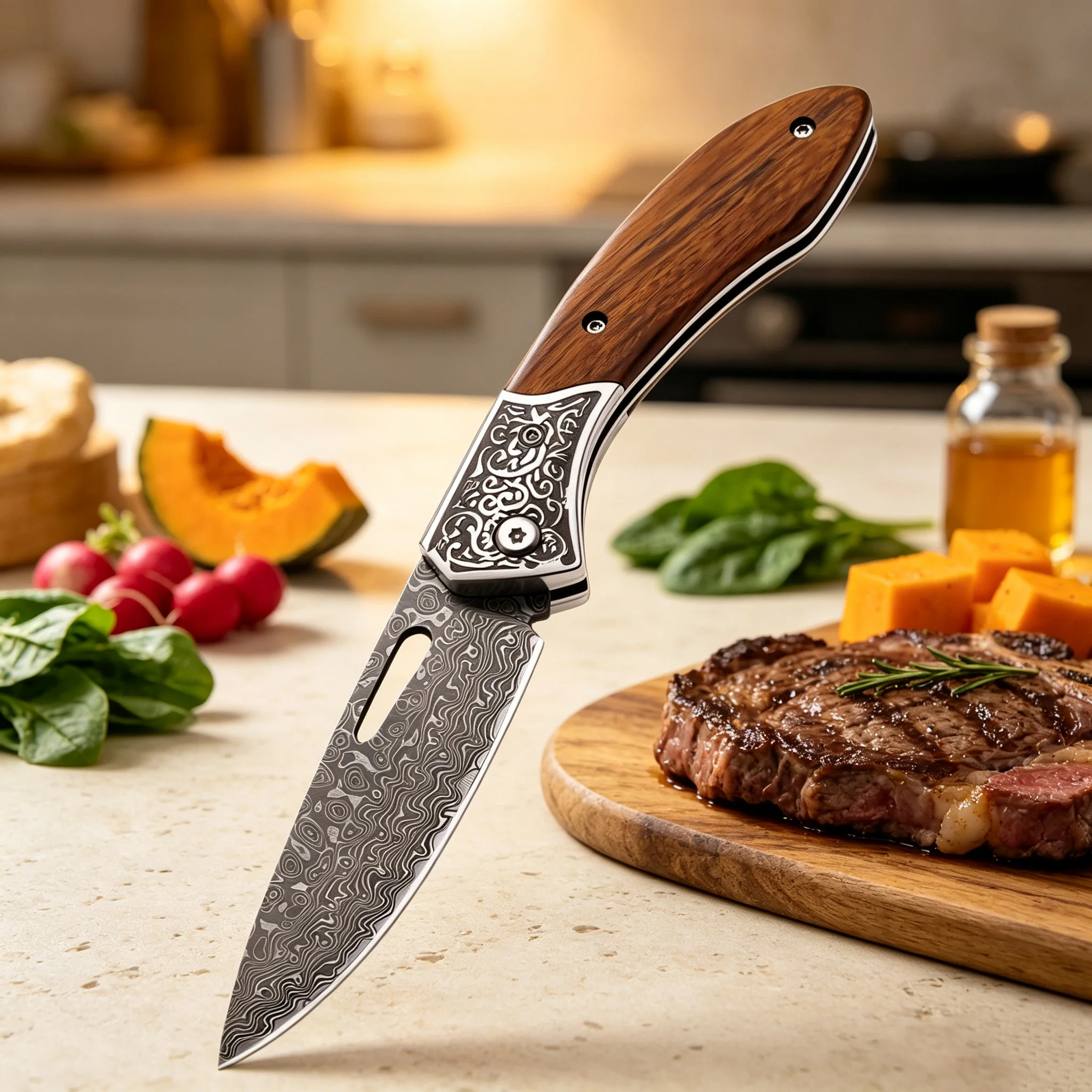 2PCS,Damascus Fruit Knife Household Multi-function Folding Knife for Fruit & Meat Cutting Portable Food Prep Pocket Knife