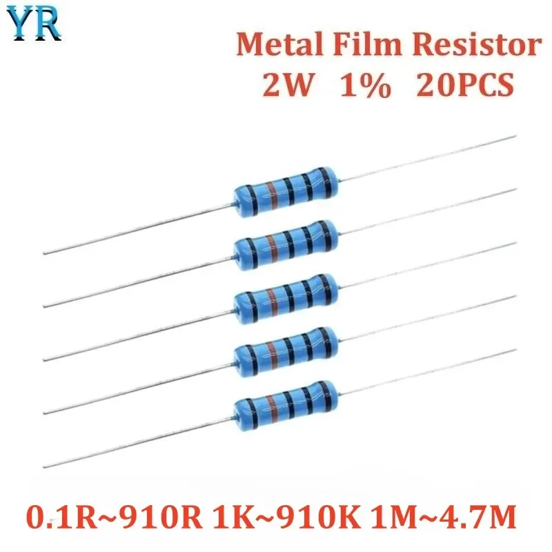 20PCS 2W Metal Film Resistor 1% 0.1R~910R 1K~910K 1M~4.7M 0.1R 1R 22R 47R 560R 910R 1K 4.7K 10K 12K 180K 750K 1M 2M 4.7M Ohm