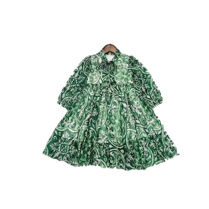 

Girls' flower fashion new green mesh dress in stock 90-150