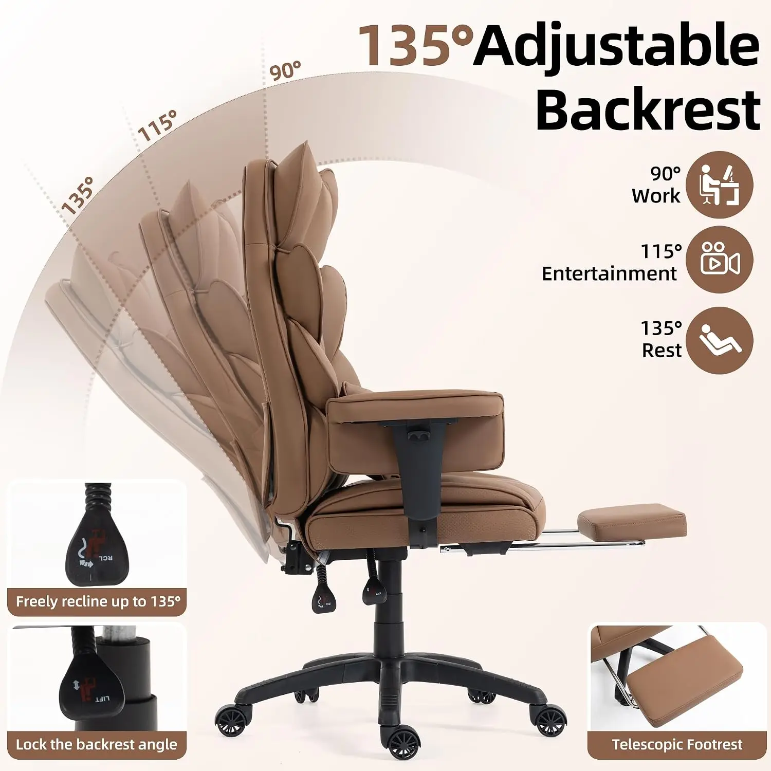 Office Chair High Back Leather Spring Cushion Adjustable Armrests Lumbar Support Footrest Computer Executive, Customized