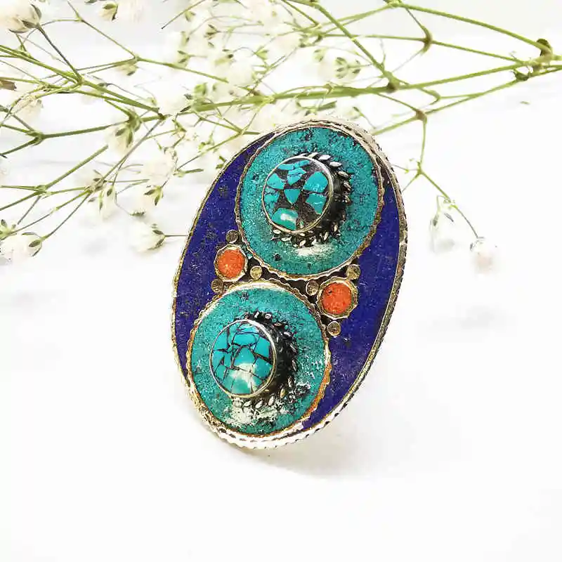 Indian BOHO White Metal Copper Inlaid Color Stone Big Rings for Owl R204