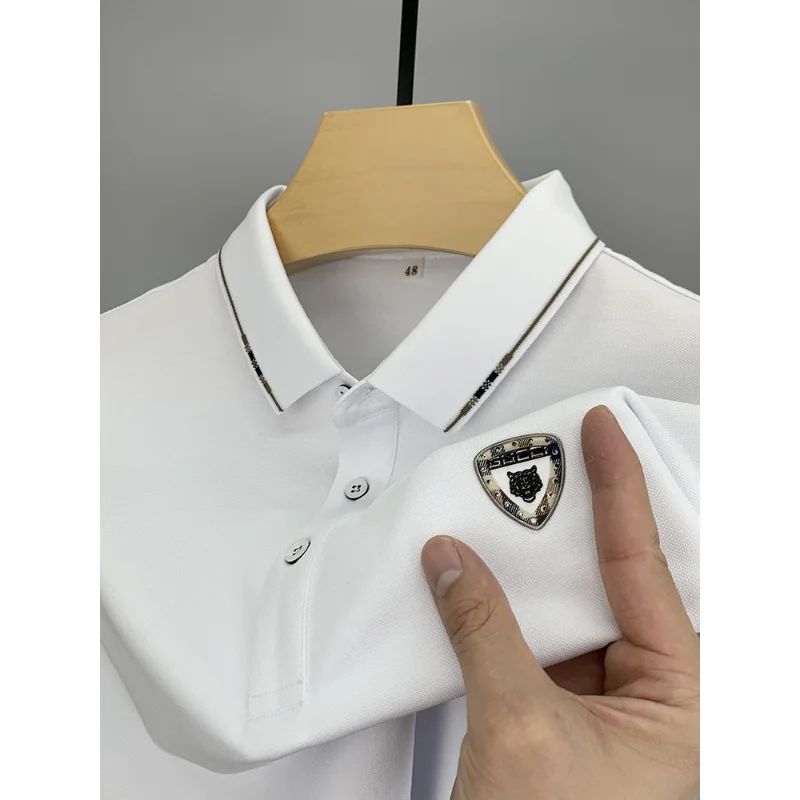 

High End Polo Shirt Men's Short Sleeve T-shirt Summer Solid Color Lapel Offset Printing Business Casual Ice Silk Korean M-4XL