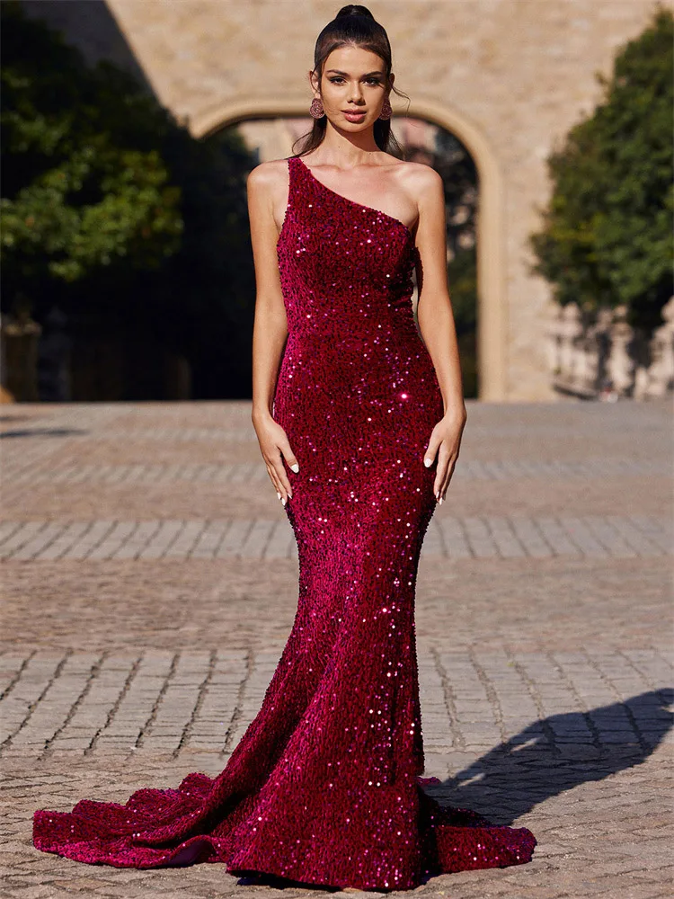 

Hot Selling One-Shoulder Neckline Sleeveless Sequin Mermaid Evening Dress Open Back Floor Length Sweep Train Gown For Women 2024