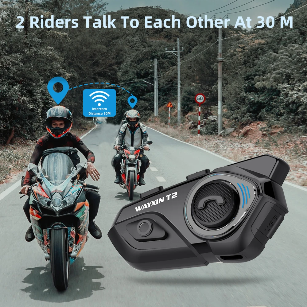 WAYXIN Helmet Headset T2 Motorcycle Bluetooth Intercom For 2 Rider 300M Intercomunicador Moto Interphone BT 5.1 Waterproof Biker