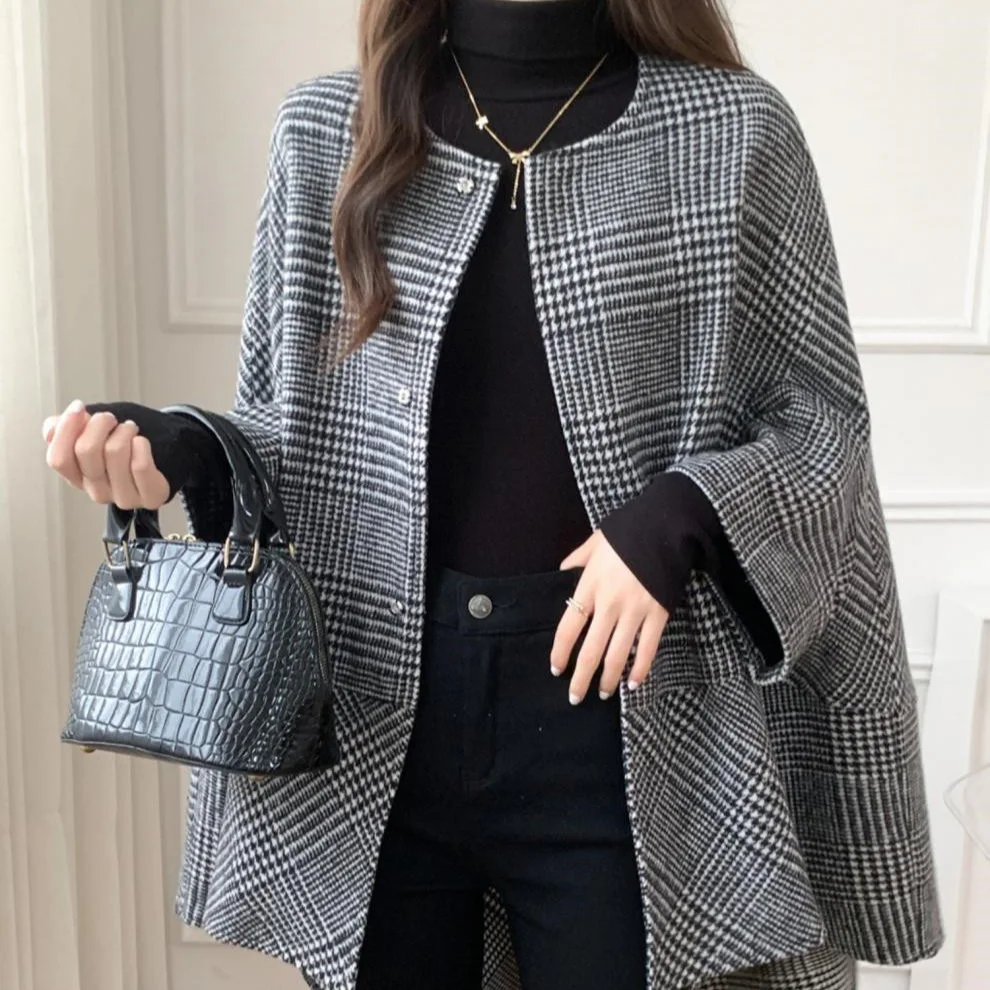 

Winter new plaid woolen coat women's trendy fashion mid-length cardigan woolen coat cross-border foreign trade