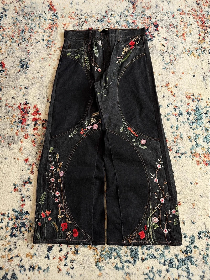 Y2K Embroidered Jeans for Women Autumn New Loose Patchwork Wide Leg Denim Trousers Men and Women Flower Floor Pants