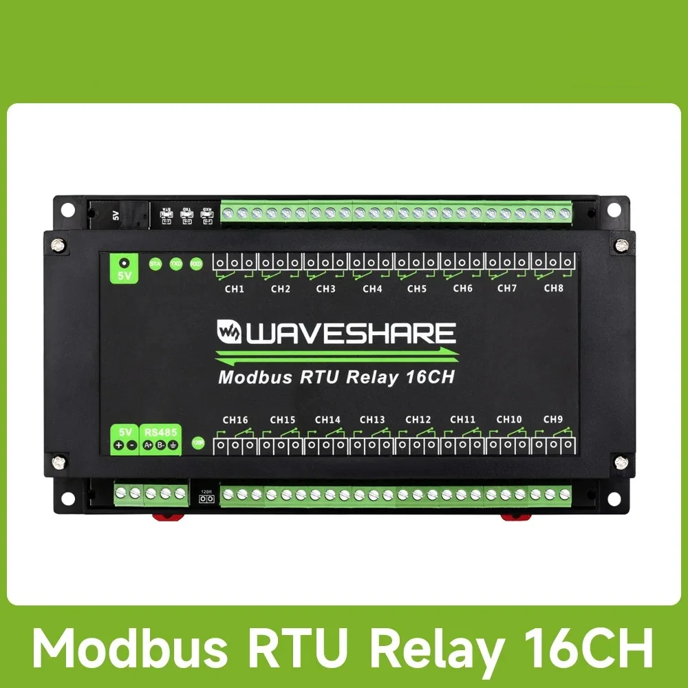 Waveshare Modbus RTU 16-Ch Relay Module, RS485 Interface, With Multiple Isolation Protection Circuits, Rail-Mount Case