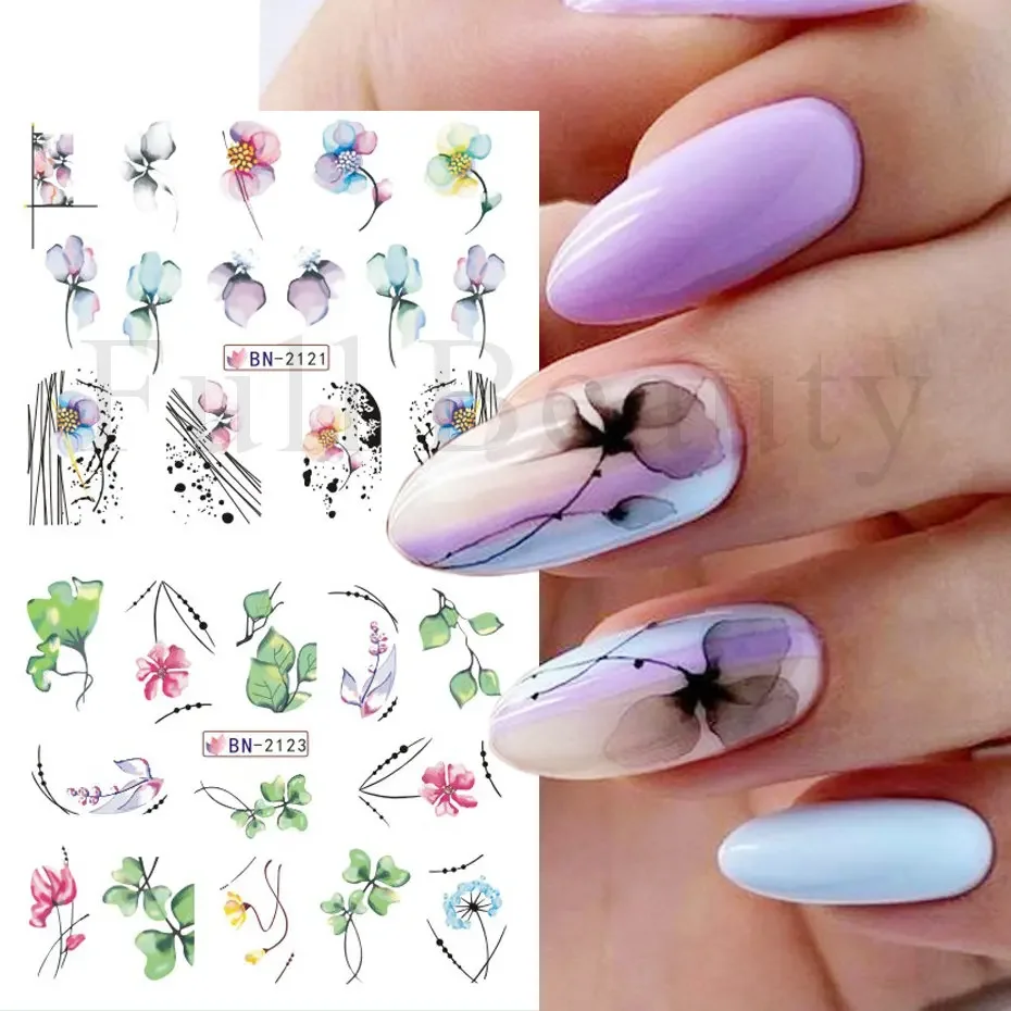 12pcs Geometry Flower Leaf Nail Stickers Line Graffiti Painted Colorful Slider Lnk Blooming Water Decals Manicure SABN2113-2124