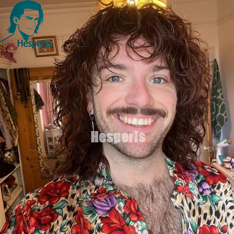 Hesperis Men Human Hair Wig Brown 13x6 Lace Front Wig For Male Long Curly Wig Retro Style Short Human Hair Men Wig With Bangs