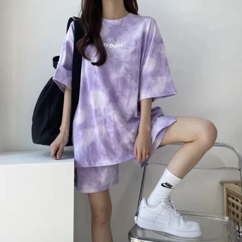 

Women T-Shirt Shorts Suit Set Casual Tie Dye Loose Tshirt and Wide Leg Middle Shorts with Pockets Female Casual Soft Summer Sets