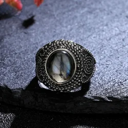 Vintage Carved 10*12MM Natural Labradorite Ring Silver Rings for Women Lapis Fine Jewelry Gifts Ring Wholesale