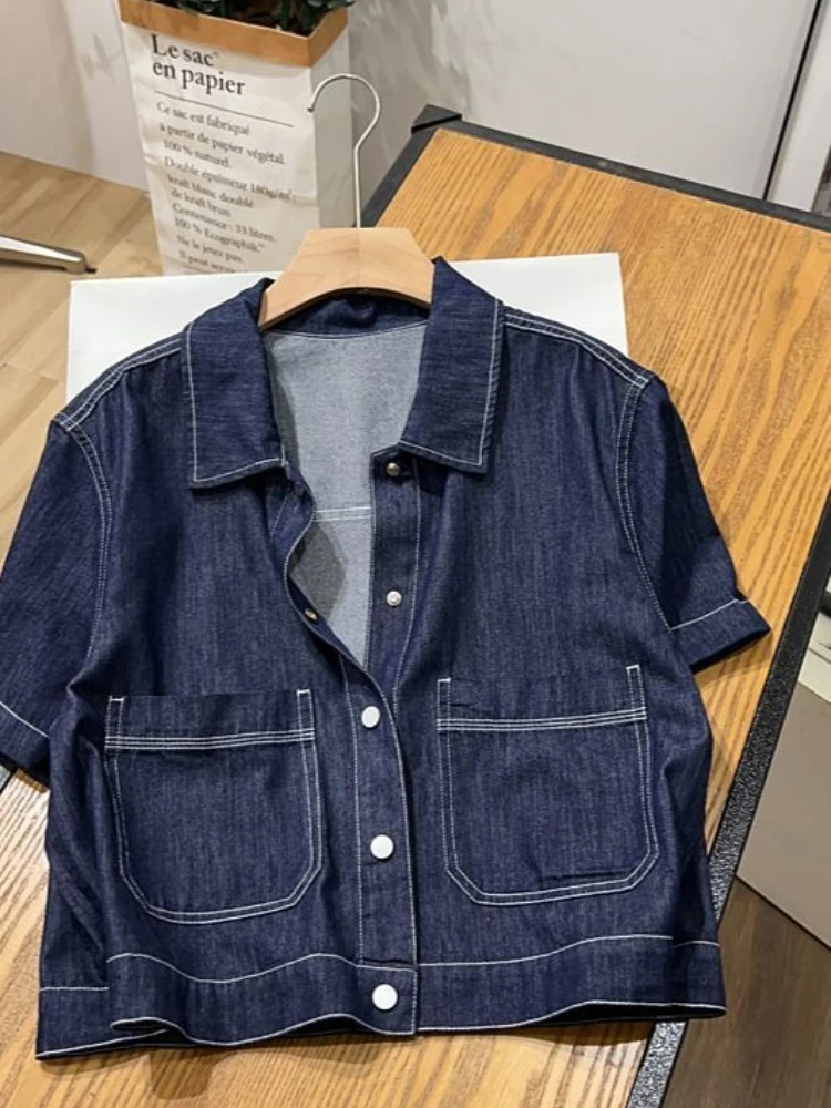 

Women Indigo Cropped Denim Jacket Vintage Washed Contrast Stitching Short Sleeve | Spring Summer Petite-Friendly Chic Essential