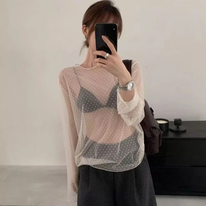 2026 New Hot Girl Pure Desire Polka Dot Lace Tops Women Hollow Out Sheer Long Sleeve Youthful Slim Layered Fashion Blouses