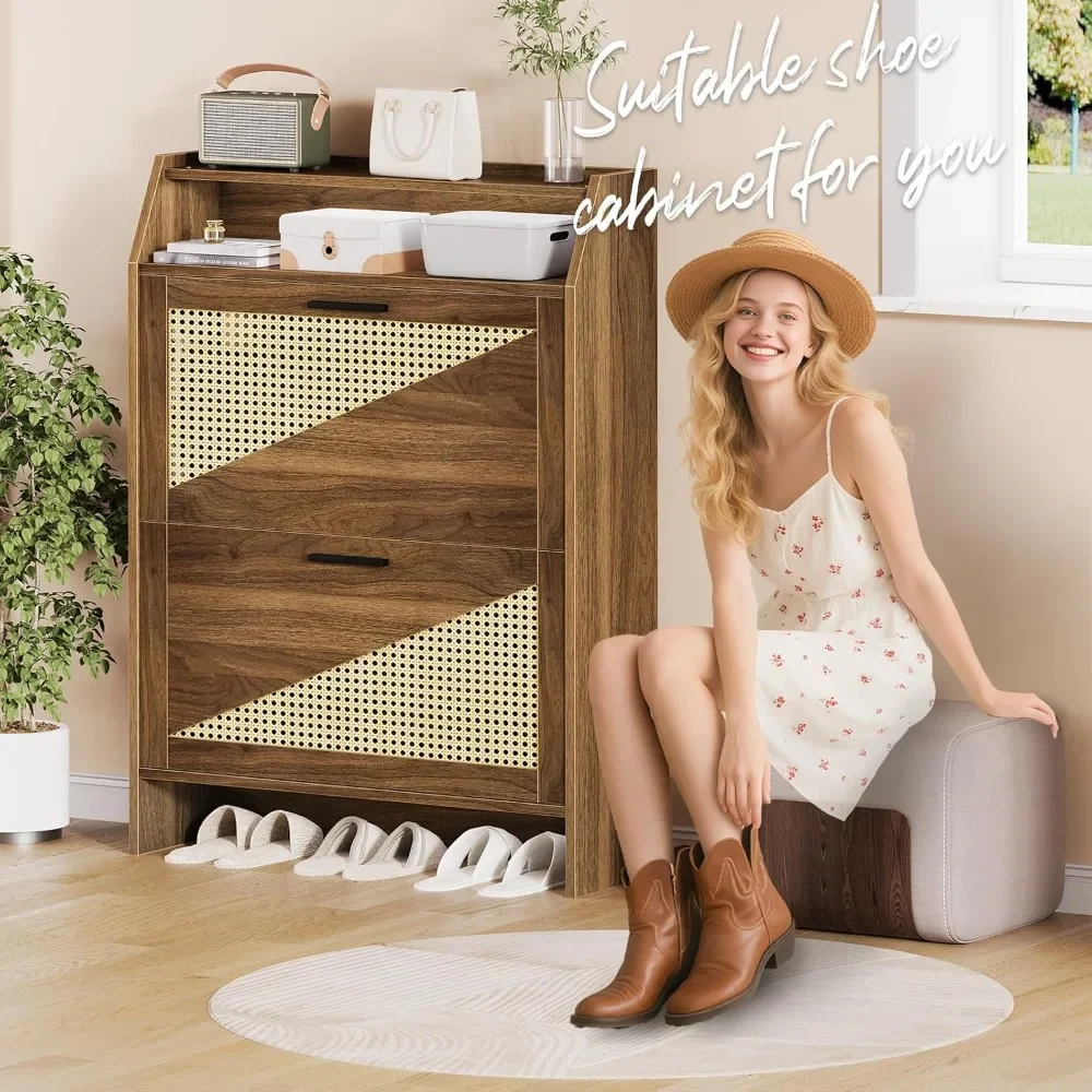 

Shoe Storage Cabinet with 2 Flip Drawers, Adjustable Shelf, Narrow Shoe Rack Organizer Cabinet for Entryway Hallway Living Room