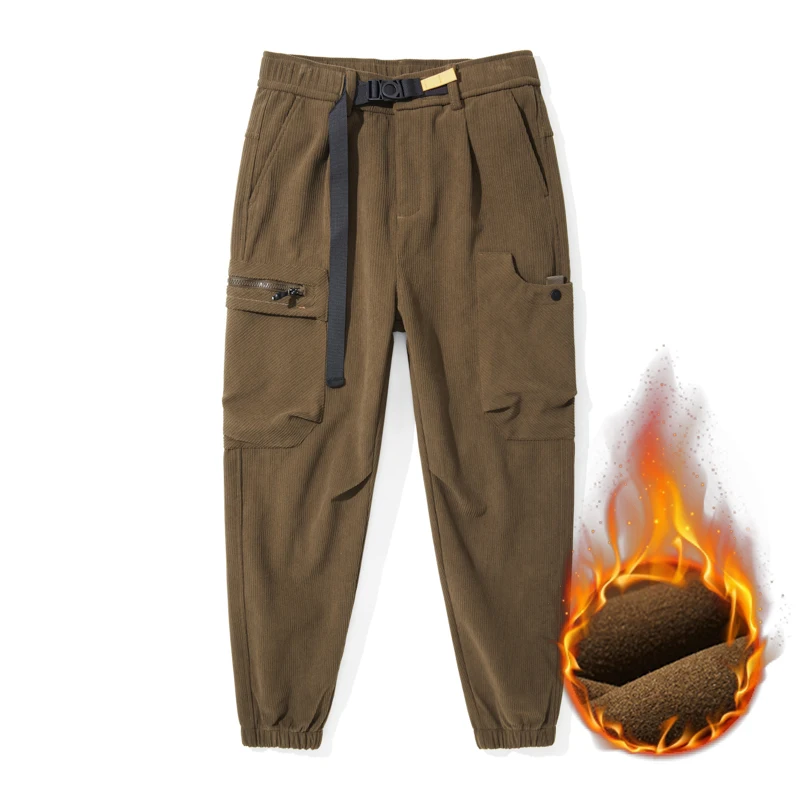Vintage Heavy Corduroy Overalls Men's Autumn Winter Fleece Thickened Multi-pocket Fitted Vertical Cut Leg Casual Pants