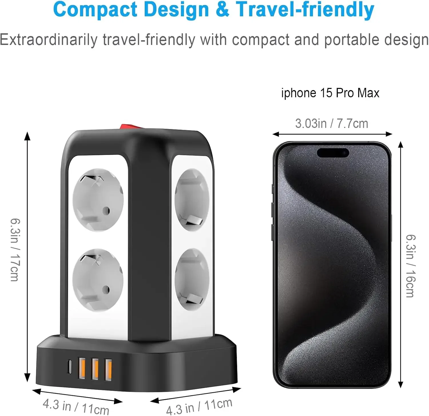 Tower Power Strips, USB Power Strip 8 AC Outlets and 4 USB Multiple Plug, Power Strip Sockets Surge Protection