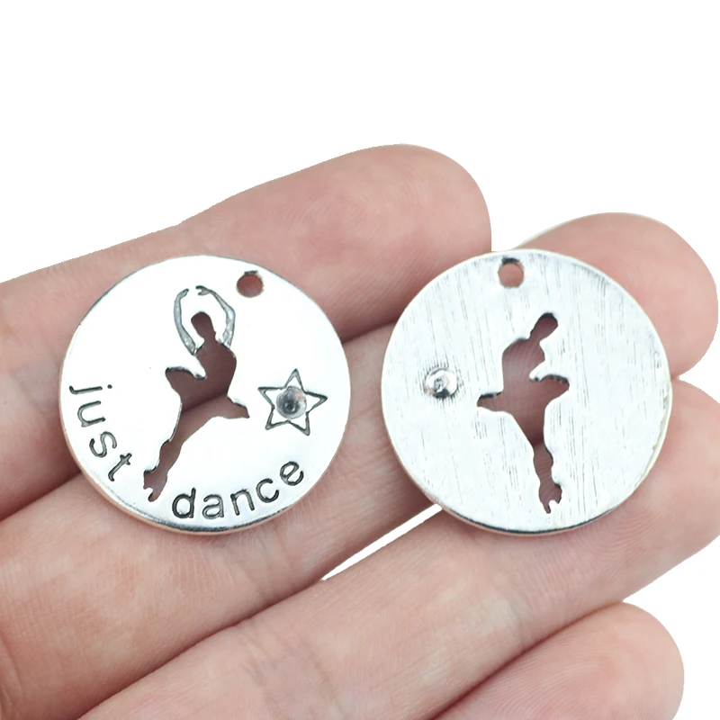 10 Piece 25mm Antique Silver Plated Round Disc Letter Charms Just Dance Hollow Ballet Girl Pendant For Dancer Jewelry  Making