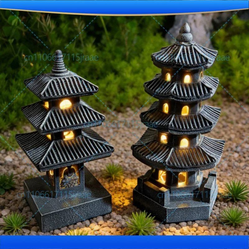 Solar Creative Stone Pagoda Palace Lantern Garden Ornament Statue for Villa Yard Landscape Decoration Figurines & Miniatures