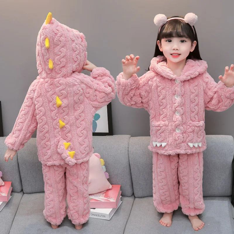 Girls Furry Pajamas Fall Winter 2026 Kids Cute Dinosaur Hooded Baby Pink CreativeTwo Piece Set Loungewear