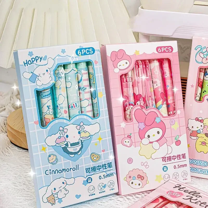 Sanrio Hello Kitty 6PCS Erasable Gel Pen Cute Cartoon Kuromi Cinnamoroll Blue Ink Writing Pen Learning Stationery Holiday Gifts