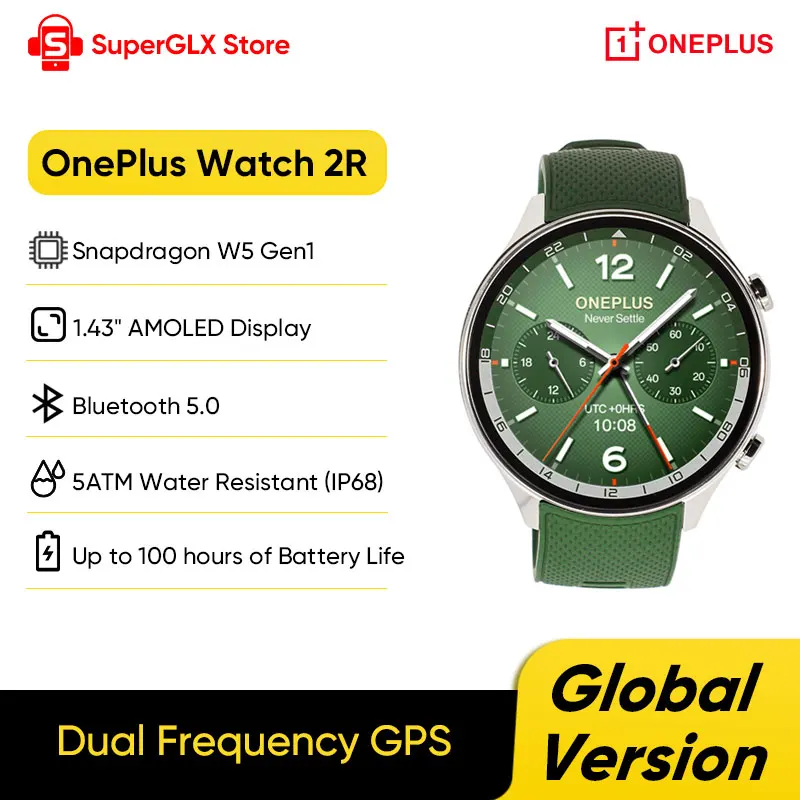 Оригинальная глобальная версия умных часов OnePlus Watch 2R с AMOLED-дисплеем 1.43', процессором Snapdragon W5, батареей 500 мАч, более 100 спортивными режимами и NFC