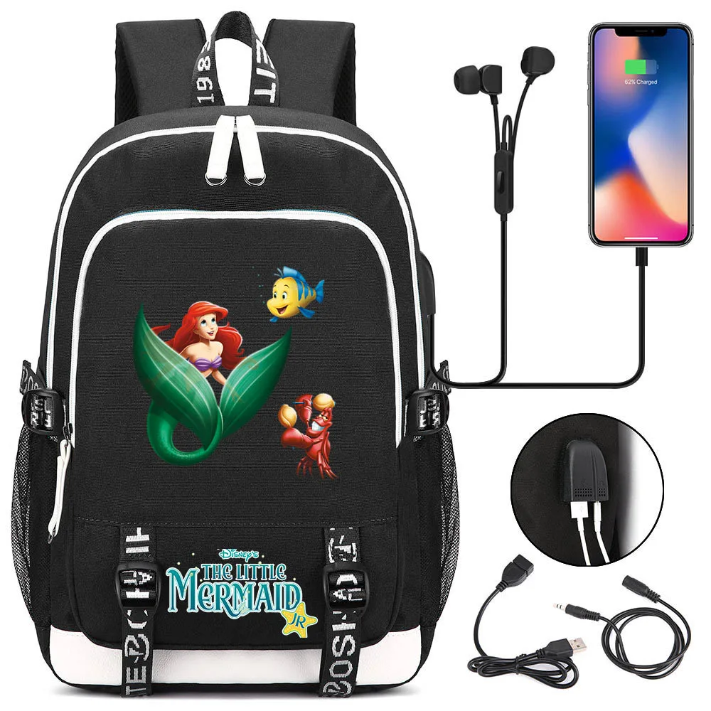 MINISO The Little Mermaid Men Women USB Charging Laptop Travel Backpack Boy Girl Teenager School Backpack Casual Mochila