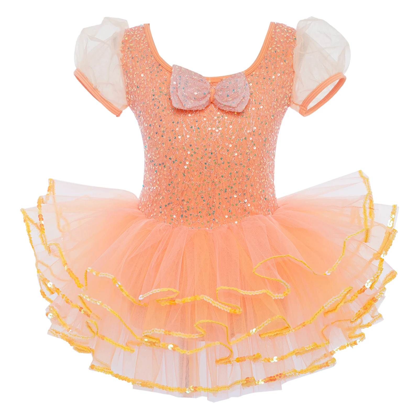 

Kids Girls Sequins Ballet Dance Dress Short Puff Sleeves Bowknot Layered Tulle Tutu Princess Dress Stage Performance Dancewear