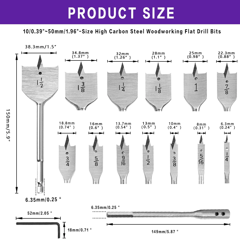 13Pcs Spade Drill Bit Sets, Alloy Steel Paddle Flat Bit with Quick Change Shank, Flat Wood Hole Cutter Fit for Woodworking