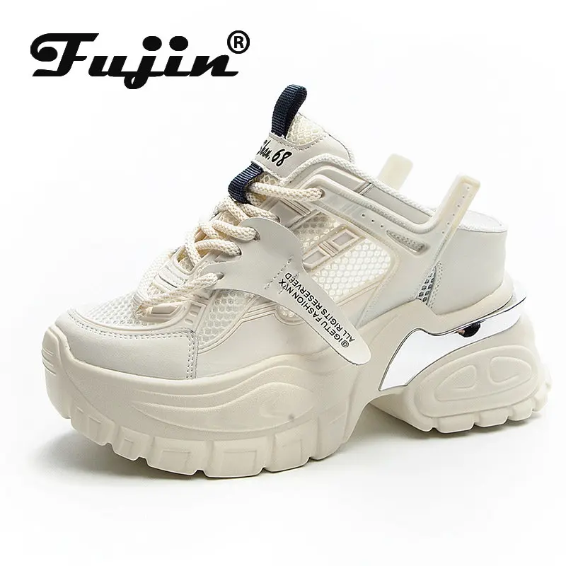 Fujin 10.5cm Air Mesh Genuine Leather Women Chunky Fashion Sneakers Platform Wedge Breathable Slippers Comfy Hollow Summer Shoes