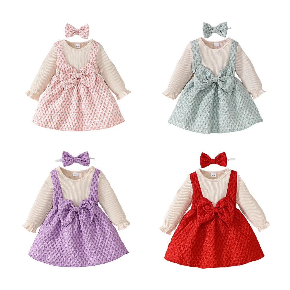 2PCS Infant Girl Party Dress Long Sleeved Fake Two Piece Bow Princess Dress+Headband Autumn&Winter Daily Wear Baby Girl 0-3Years