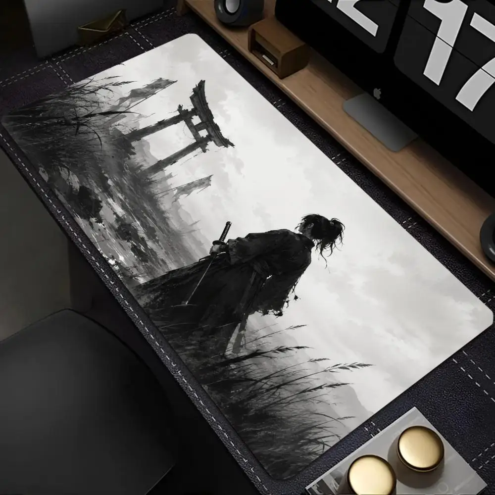 Japanese Ink Wash Female Ronin Katana Crow Misty Shrine Scene Desk Mat Large Anti-Slip Extended Gaming Keyboard Mouse Pad