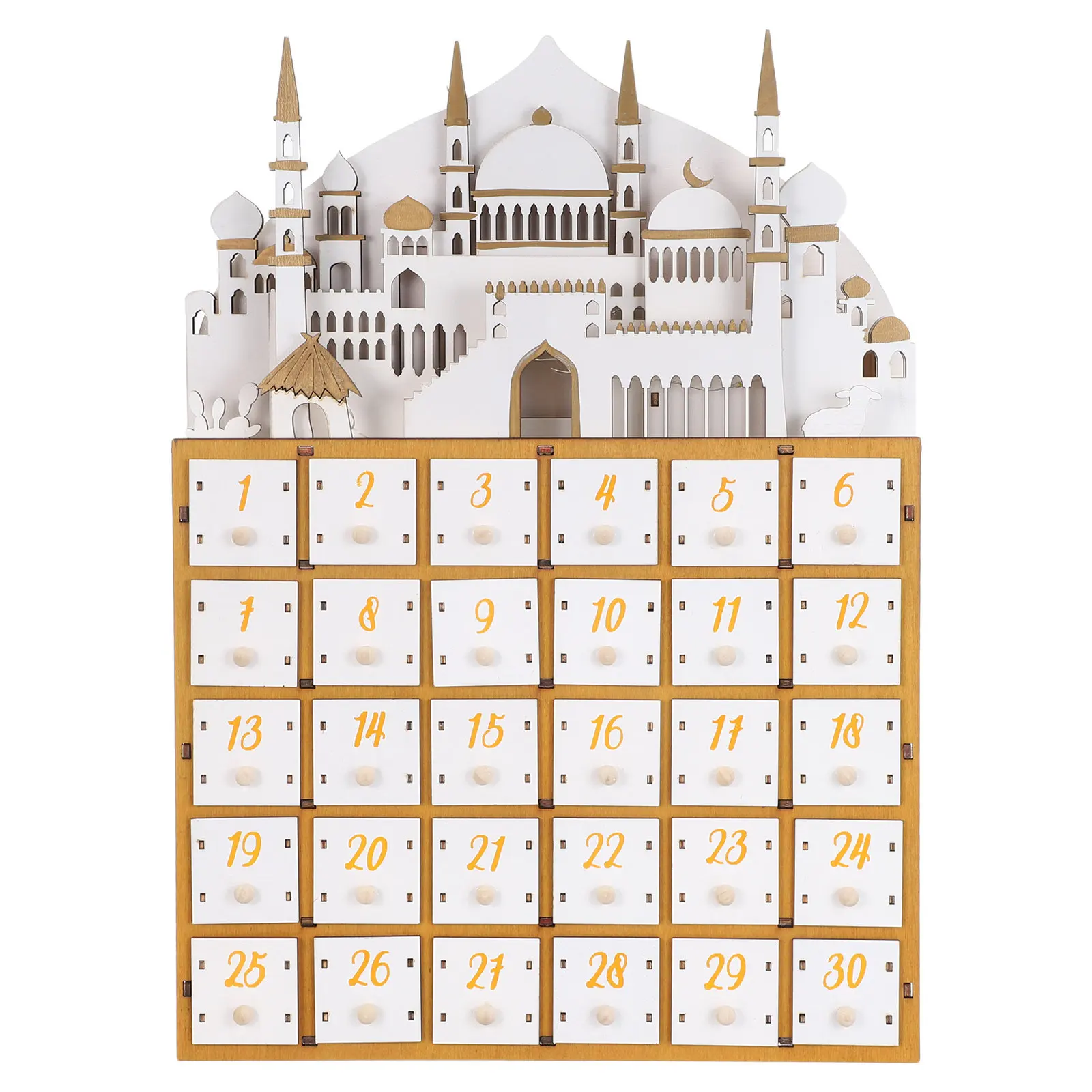 Ramadan Advent Calendar Wooden Countdown Calendar with 30 Drawers LED Lights Warm Glow for Eid Muslim Home Decor