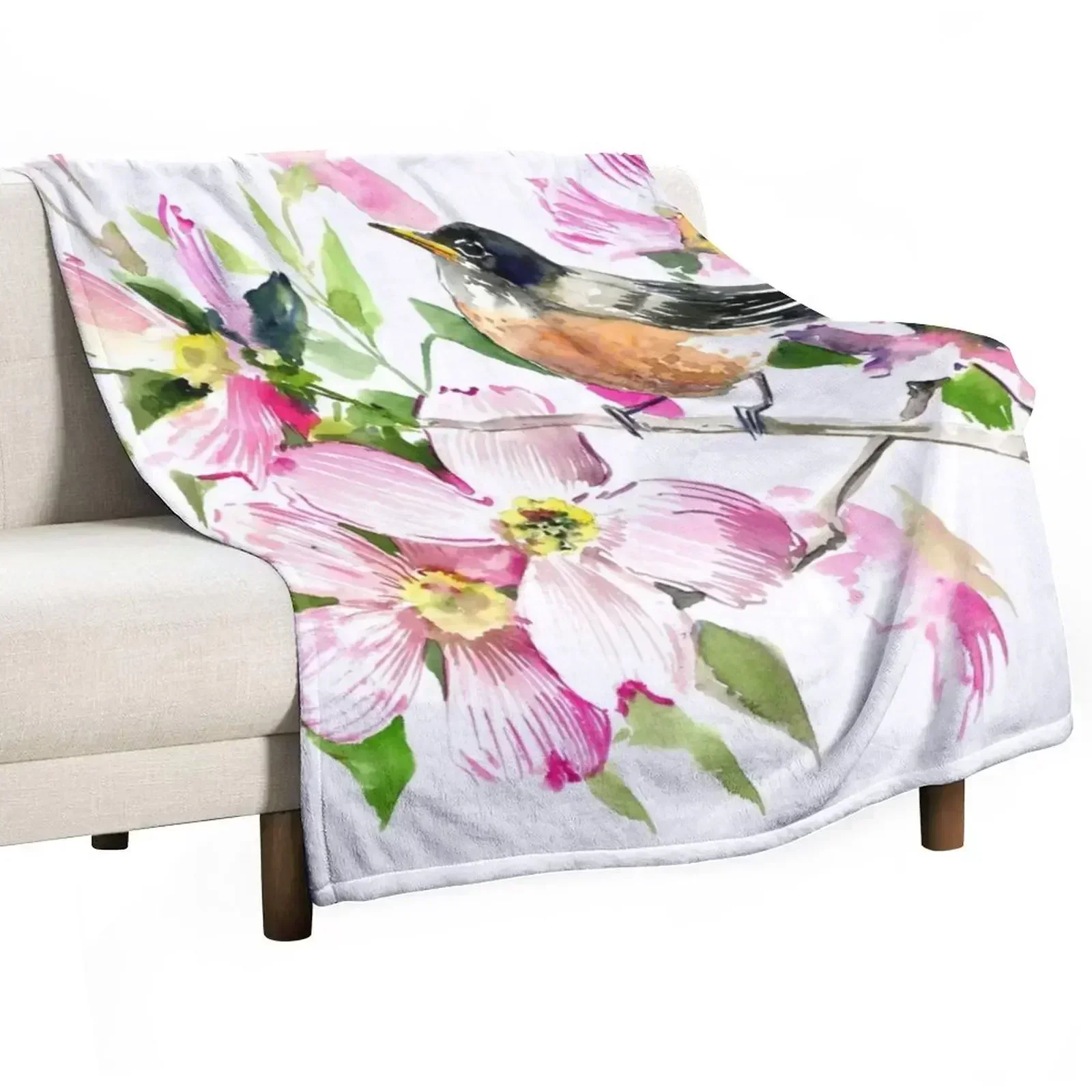 American Robin and Dogwood Flowers Throw Blanket Polar Plaid Bed Bed covers Blankets