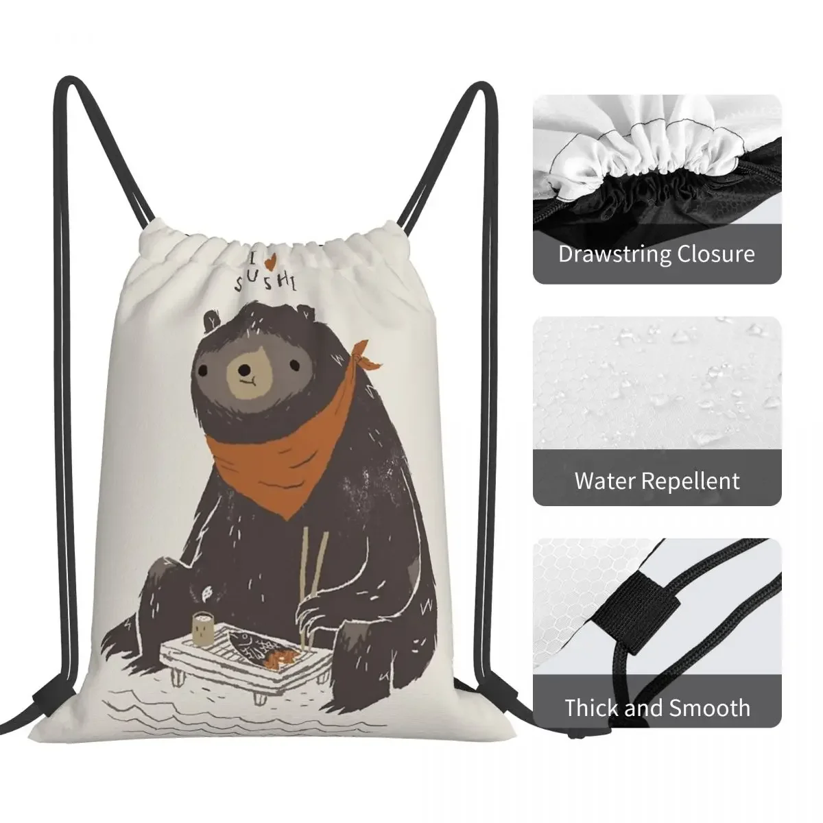 Sushi Bear Backpacks Casual Portable Drawstring Bags Drawstring Bundle Pocket Sports Bag BookBag For Travel Students