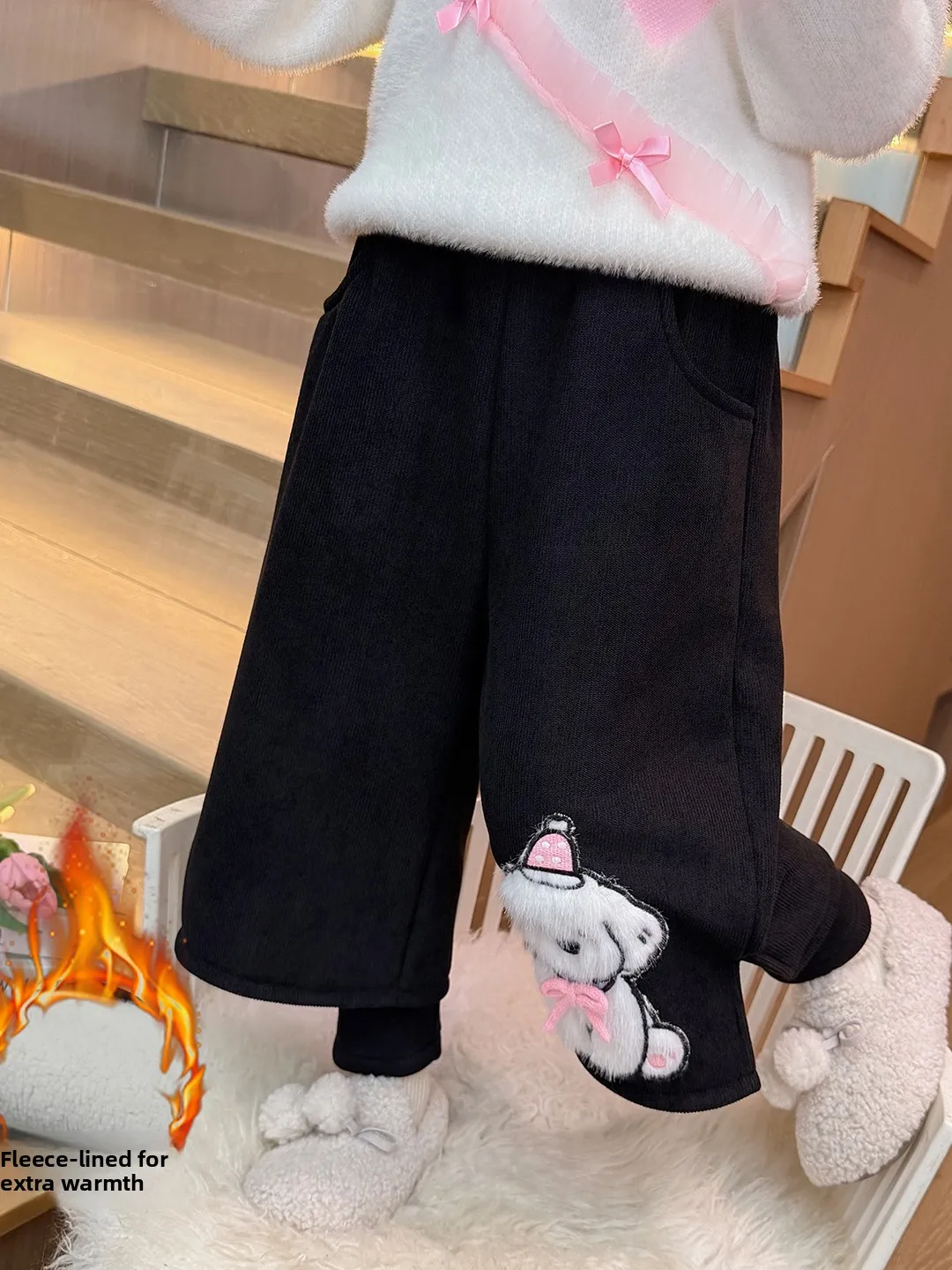 Calças largas forradas com fece para meninas, roupas de inverno, agasalhos de veludo de desenho animado, calças quentes e sli