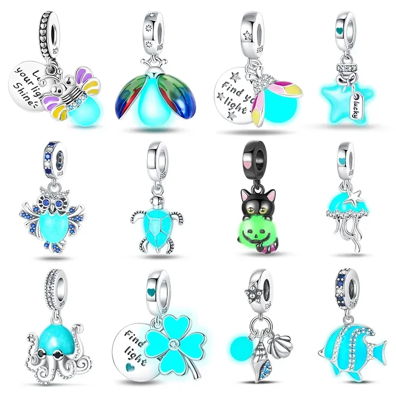 925 Silver Glow in The Dark Firefly Honeybee Star Beads Fit Pandora 925 Original Bracelets DIY Charms for Jewelry Making Gift