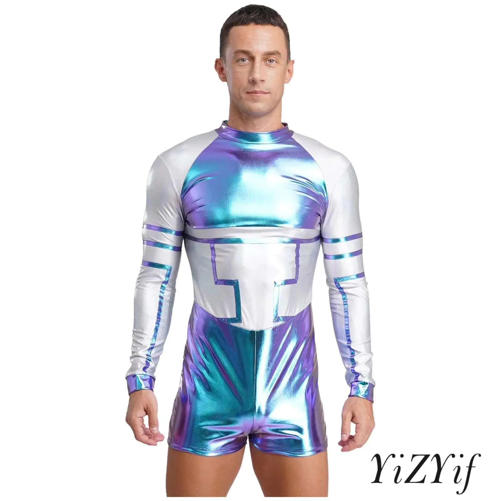 

Mens Halloween Alien Robot Cosplay Jumpsuit Metallic Shiny Long Sleeve Back Zip Bodysuit for Astronaut Space Themed Party
