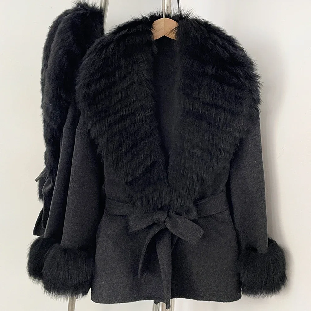 OFTBUY Neuer Damen Kurzmantel aus 100% Wolle Luxuriöse Winteroberbekleidung Übergroßer Echter Fuchspelzkragen Gürtel-Wickeljacke für Damen – Detail 12