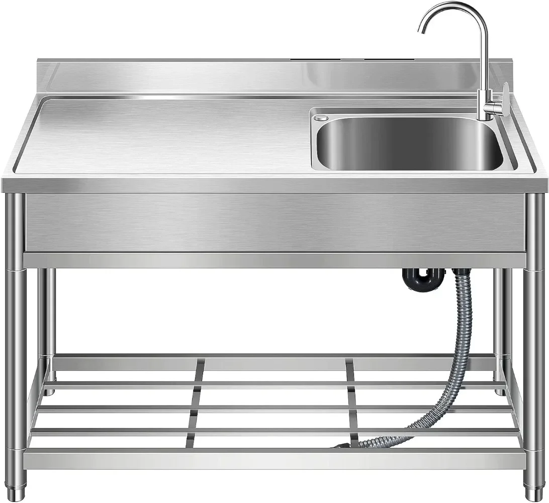 

Free Standing Stainless-Steel Single Bowl Commercial Restaurant Kitchen Sink Set W/Faucet Drainboard Prep & Washing Hand Basin