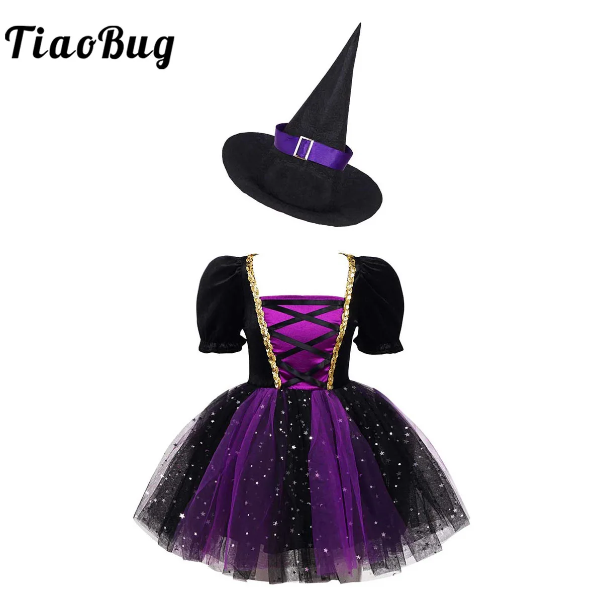 Kids Girls Witch Costume Sparkly Stars Halloween Cosplay Mesh Dress Up Clothes with Pointed Hat for Carnival Themed Party