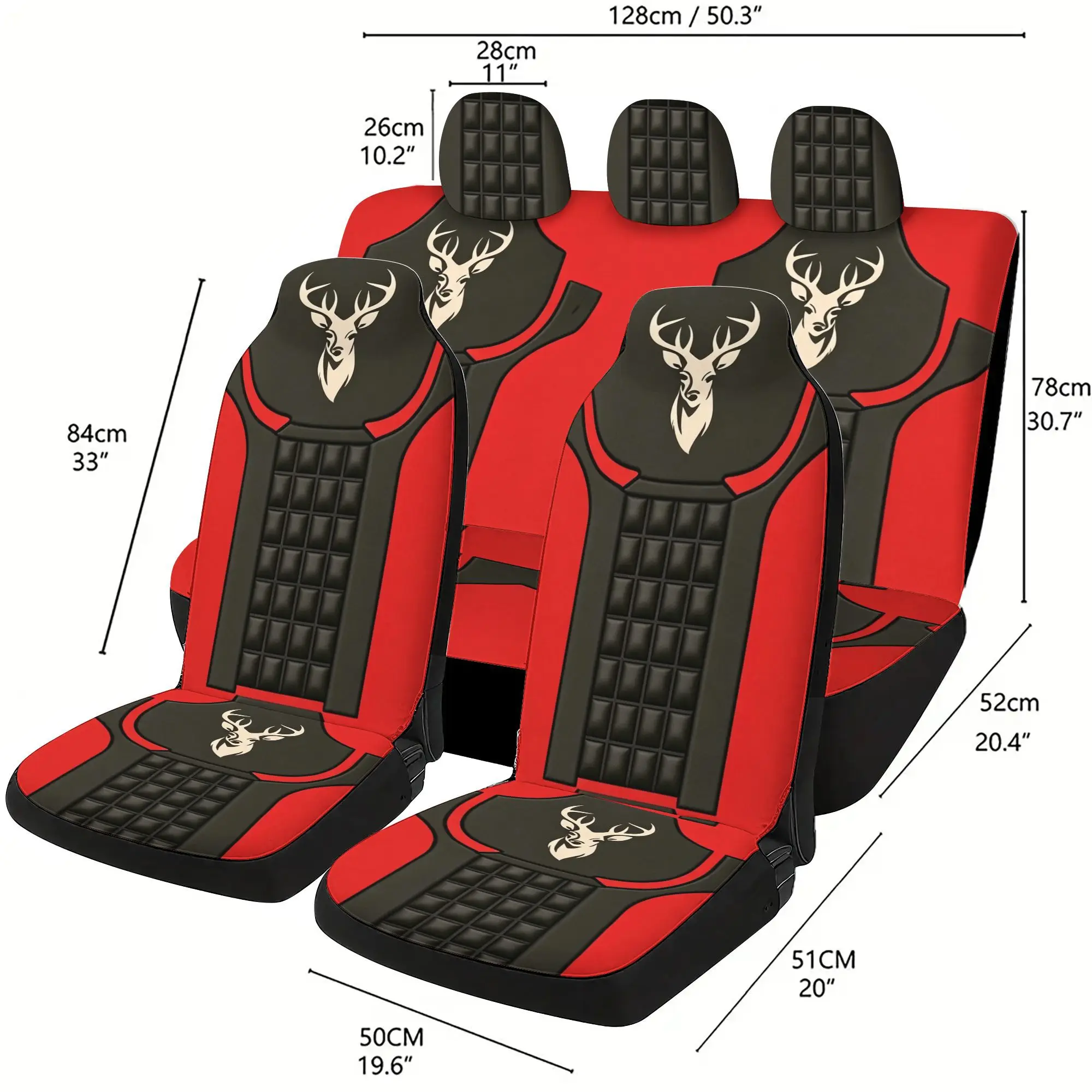Red Deer Peace Checkered Pattern Printed All Season Universal 5-Seat Car Seat Cover Full Set With 2 Front Seats And 3 Headrest C