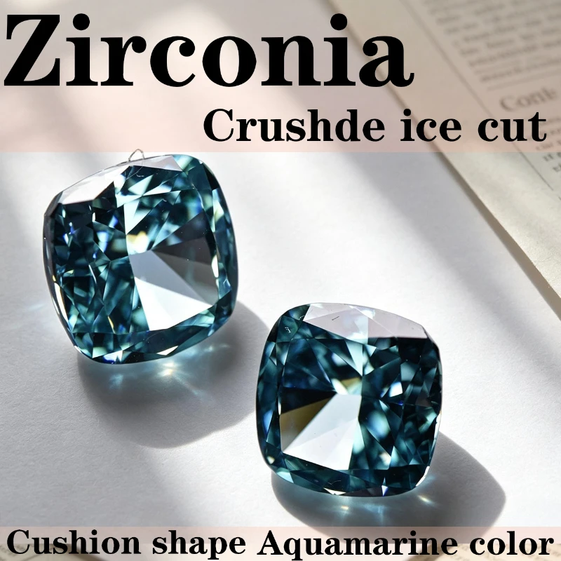 Cubic Zirconia Square Cushion Shape Aquamarine Color Crushed Ice Cut High Carbon Diamond 5A+ Quality CZ 4K Cutting