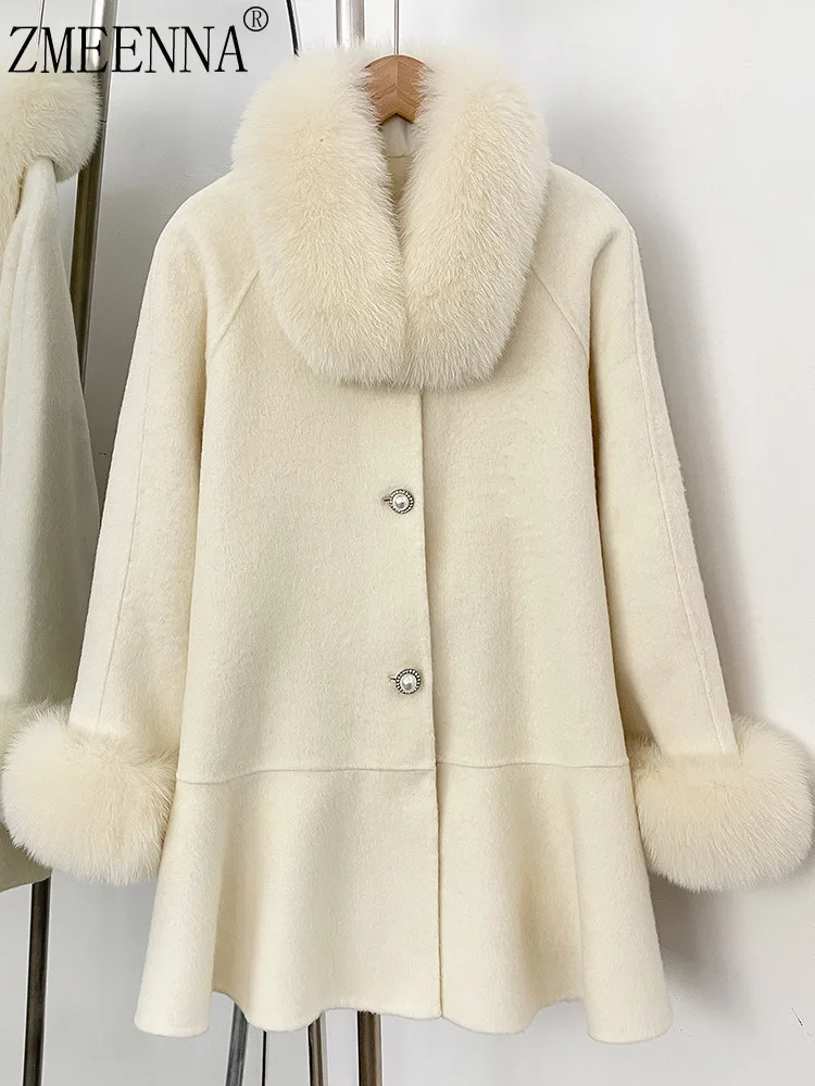 

ZMEENNA Womens Luxurious Wool Blend Coat With Fur Collar And Cuffs Elegant A Line Ruffle Hem Outerwear Winter Warm ZM4712
