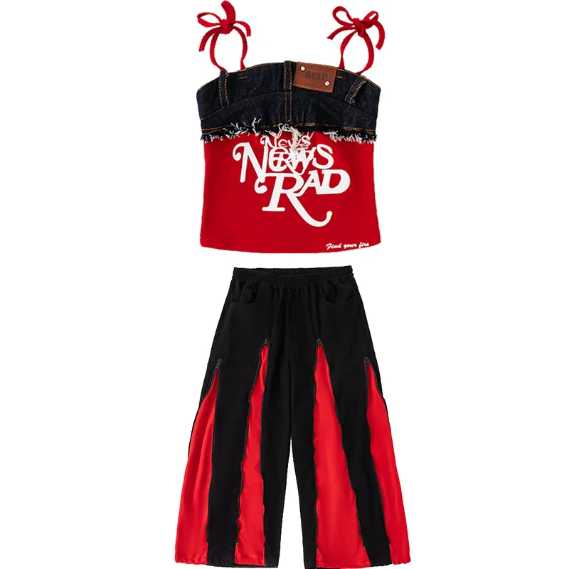 Mädchen Kpop Hip Hop Kleidung Denim Red Lace Up Crop Tank Top Casual Reißverschluss Breite Bein Hosen Tanz Kostüme Gruppe Streetwear Kleidung