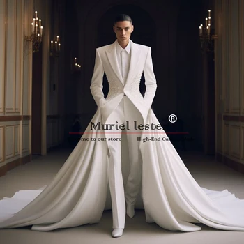 Bräutigam Hochzeit Smoking Eleganz Perlen Perlen Prom Blazer Langer Mantel Hosen Cape 3-teiliger Anzug Männer Bankett Männliche Kleidung Maßgeschneidert